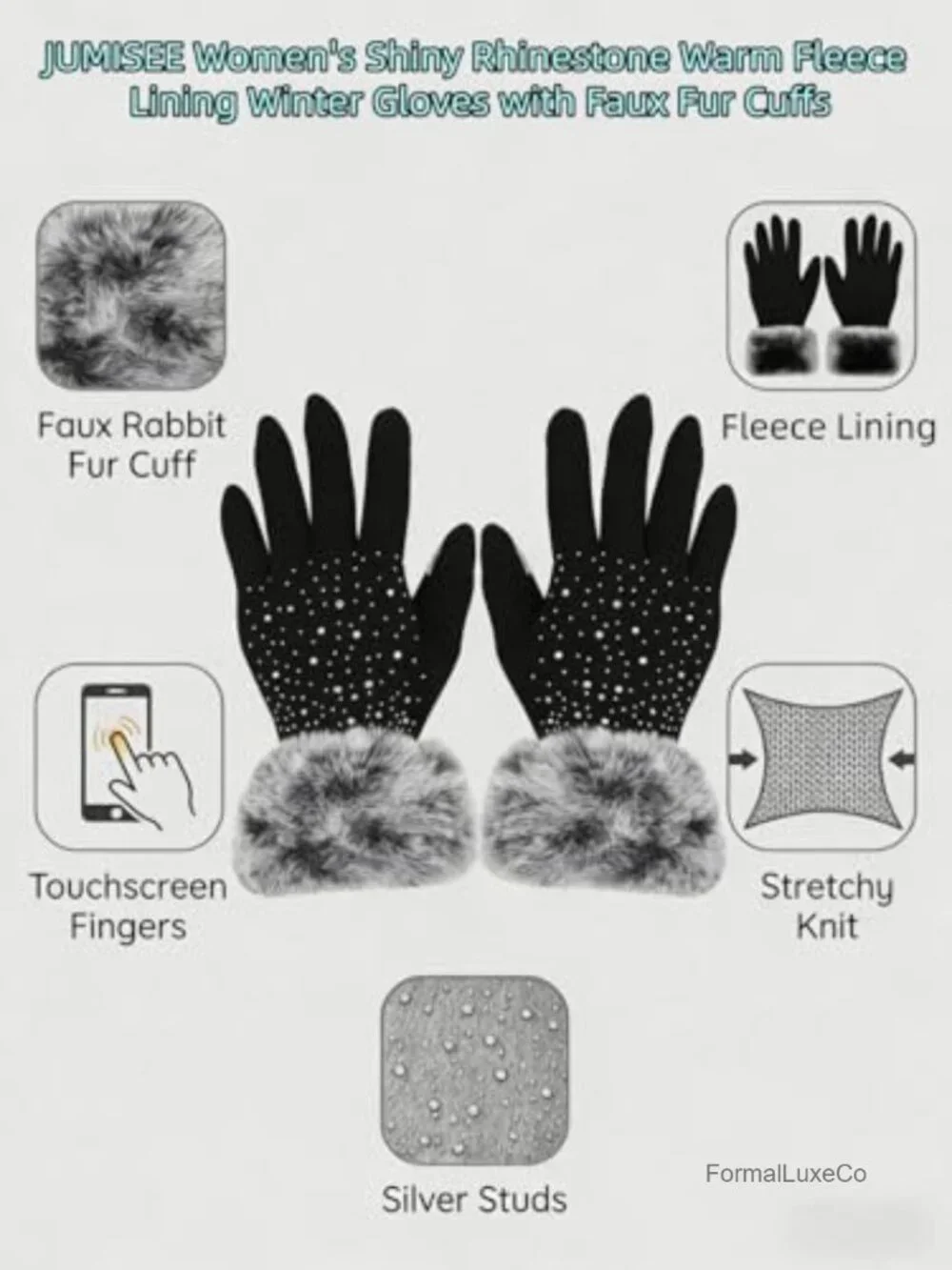Luxurious Rhinestone Touchscreen Gloves with Faux Fur Cuffs Fleece Lined